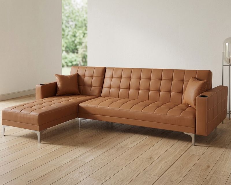 Flotti Ludivine Convertible L-Shape Sofabed with Cupholder &amp; Two Pillows (Grey, Beige, Golden Brown)