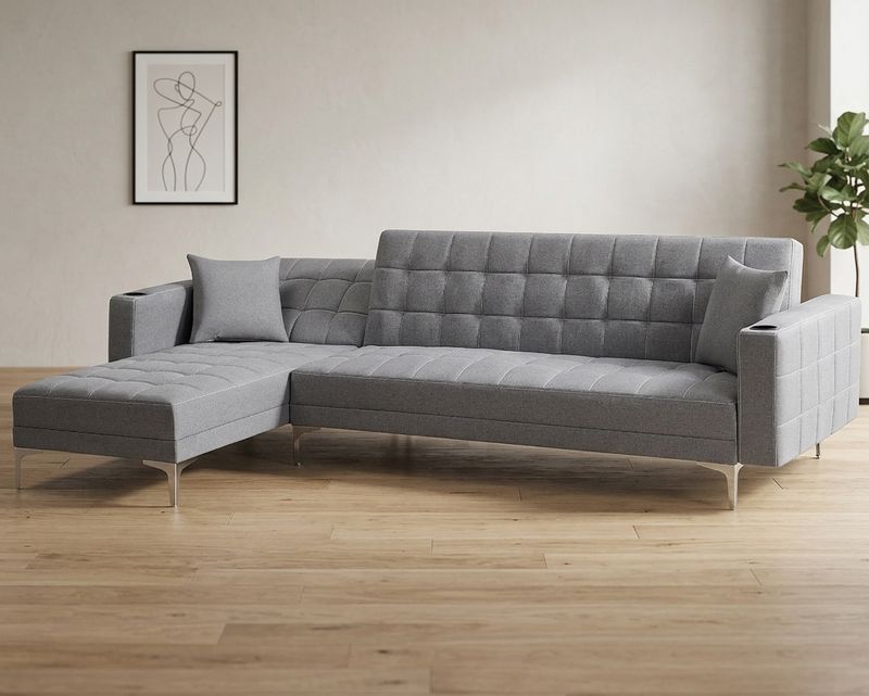 Flotti Ludivine Convertible L-Shape Sofabed with Cupholder &amp; Two Pillows (Grey, Beige)