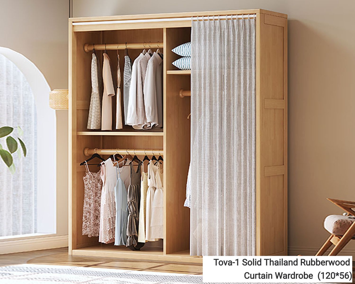 Ofix Tova-1 /  Tova-2 Solid Thailand Rubberwood  Curtain Wardrobe  (120*56 , 160*56), Model:: Tova-1 Solid Thailand Rubberwood  Curtain Wardrobe  (120*56)