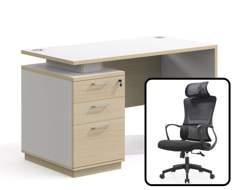 Ofix 250-OF V2 Office Table  &amp; Chair Set (120x60) Table+Korean V06 High Back (White+Maple)