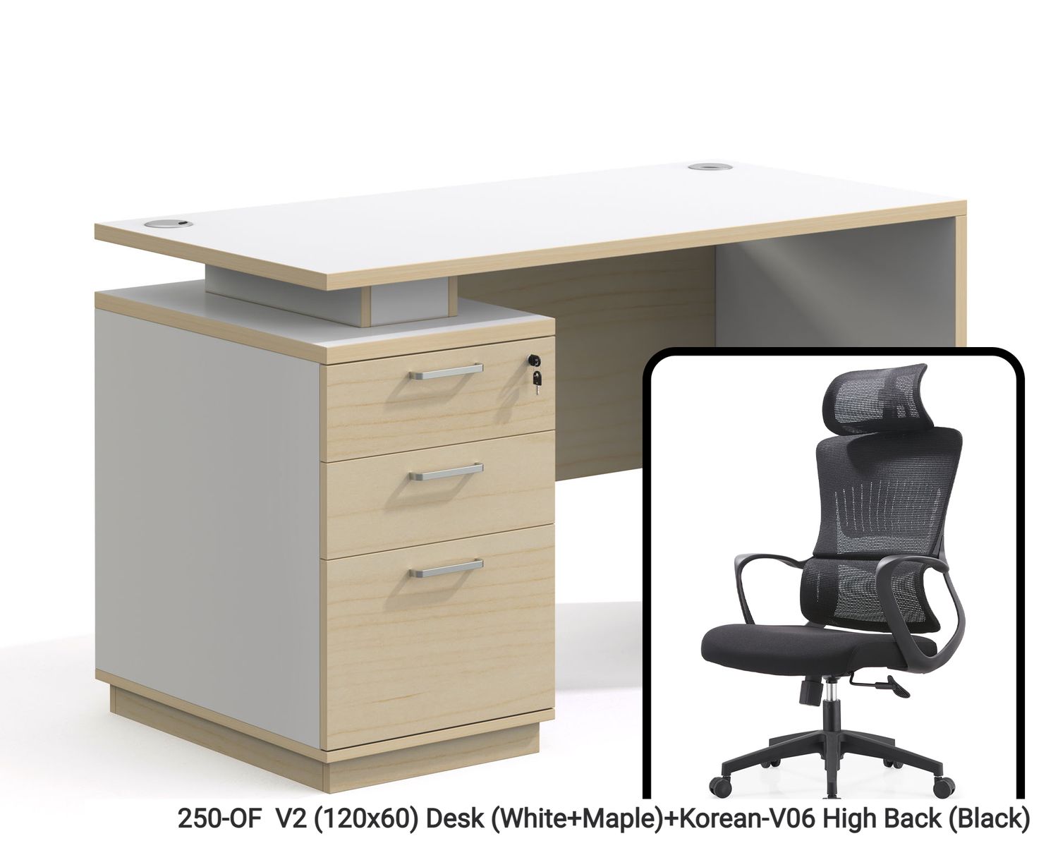 Ofix 250-OF V2 Office Table  &amp; Chair Set (120x60) Table+Korean V06 High Back (White+Maple), Set Option: 250-OF  V2 (120x60) Desk (White+Maple)+Korean-V06 High Back (Black)