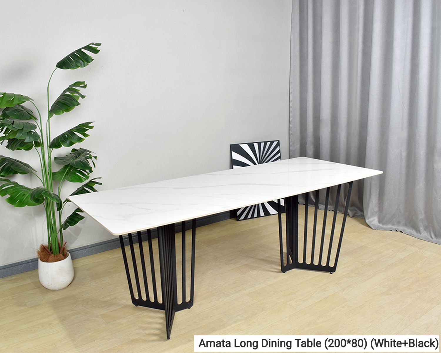 Ofix Amata Sintered Stone Long Dining Table (6-8 Seater) (White+Black) (200*80), Option: Amata Long Dining Table (200*80 - White+Black)