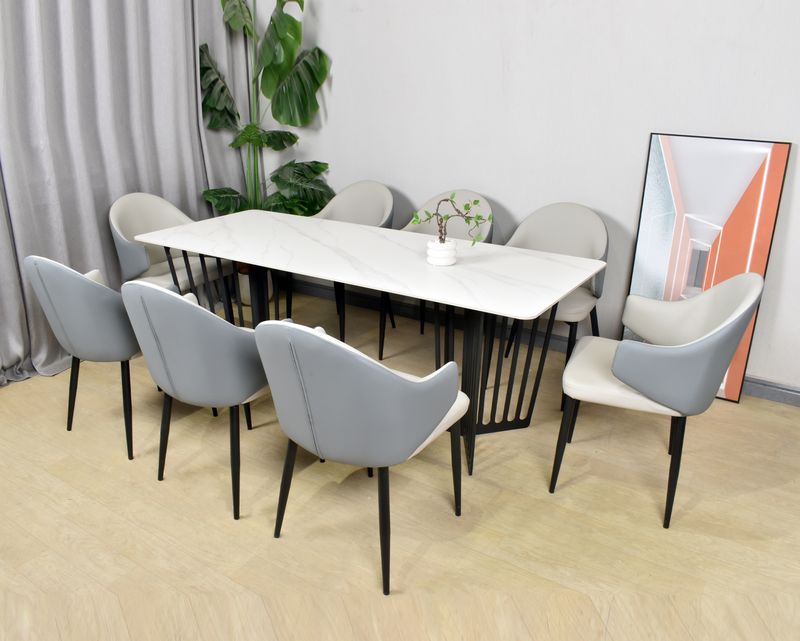 Ofix Amata Long Dining Chair &amp; Table Set (8pcs Akito / Filip / Ayaka / Magnus / Shoda / Dining Chair) (White+Black) (200*80)