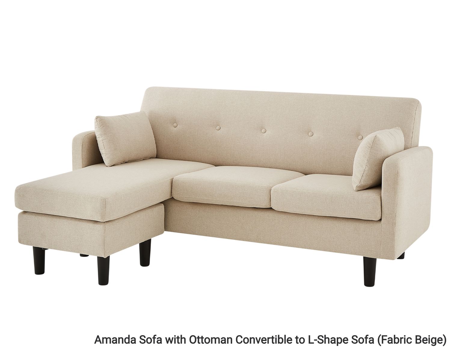Flotti Amanda Sofa with Ottoman Convertible/Reversible L-Shape Sofa, with 2 Pillows (Fabric/ PU Leather) (Beige, Grey, Black), Color:: Amanda Sofa with Ottoman Convertible to L-Shape Sofa (Fabric Beige)