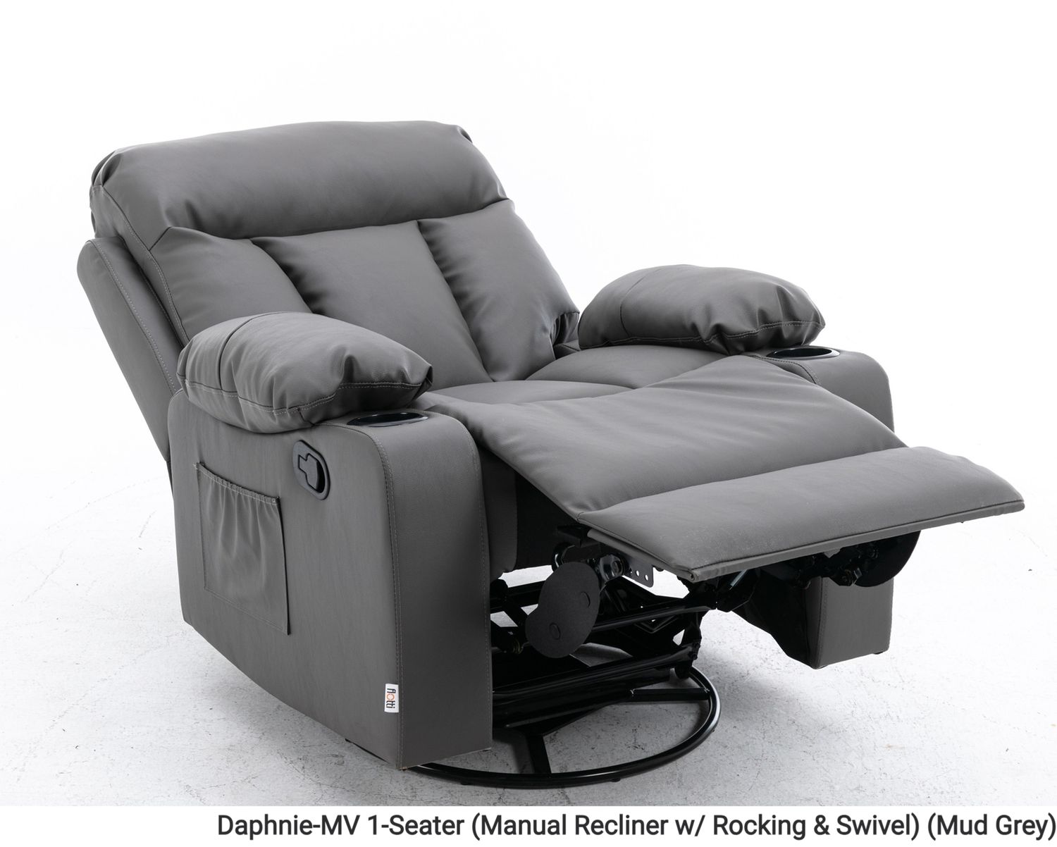 Flotti Daphnie 1-Seater Air Leather (Manual Recliner w/ Rocking &amp; Swivel) with Cup Holder and Side Pocket (Mud Grey, Black), Model/ Color: Daphnie-MV 1-Seater (Manual Recliner w/ Rocking &amp; Swivel) (Mud Grey)