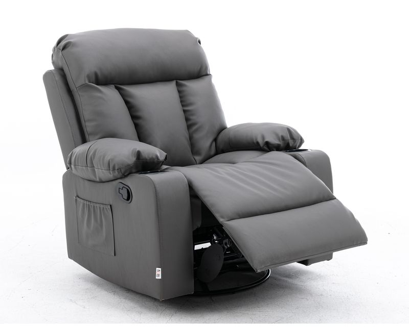Flotti Daphnie 1-Seater Air Leather (Manual Recliner w/ Rocking &amp; Swivel) with Cup Holder and Side Pocket (Mud Grey, Black)