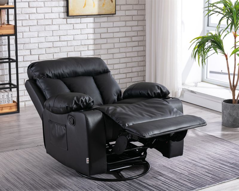 Flotti Daphnie 1-Seater Air Leather (Manual Recliner w/ Rocking &amp; Swivel) with Cup Holder and Side Pocket (Black)