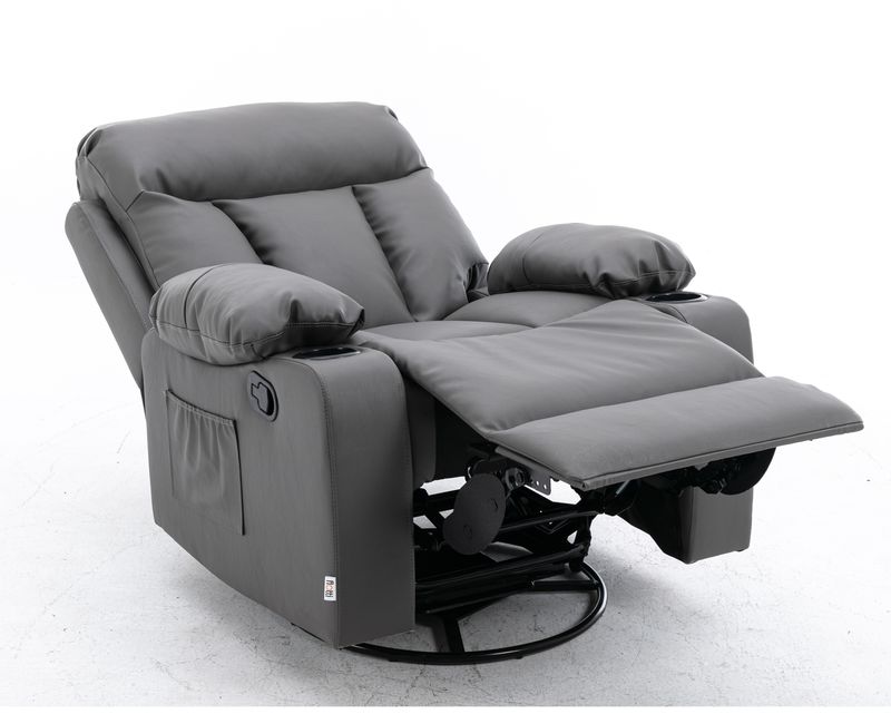 Flotti Daphnie 1-Seater Air Leather (Manual Recliner w/ Rocking &amp; Swivel) with Cup Holder and Side Pocket (Mud Grey, Black)
