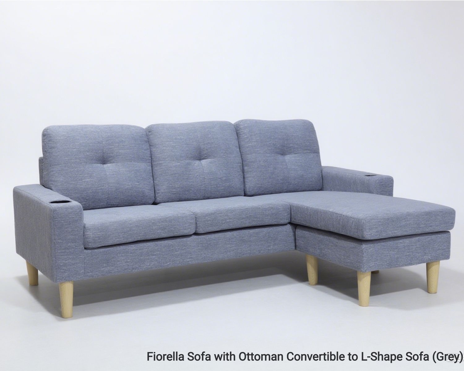 Flotti Fiorella Sofa with Ottoman Convertible/Reversible L-Shape Sofa, with 2 Cup Holders (Grey, Aegean Teal, Brown, Beige, Blue), Color:: Fiorella Sofa with Ottoman Convertible to L-Shape Sofa (Grey)
