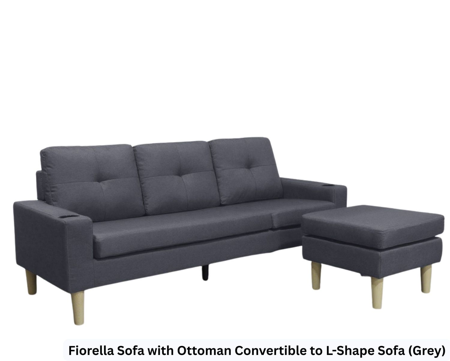 Flotti Fiorella Sofa with Ottoman Convertible/Reversible L-Shape Sofa, with 2 Cup Holders (Grey, Aegean Teal, Brown, Beige, Blue), Color:: Fiorella Sofa with Ottoman Convertible to L-Shape Sofa (Grey)