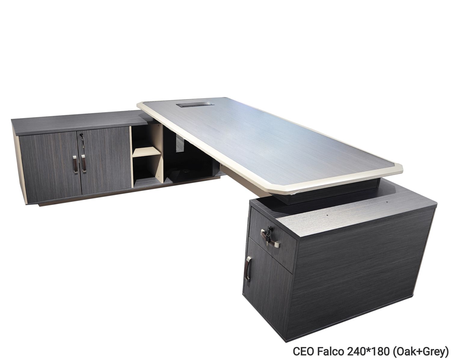 Ofix CEO Falco Desk  Executive Table with Reversible Side Cabinet (Oak+Grey), Model: CEO Falco Desk 240*180 (Oak+Grey)