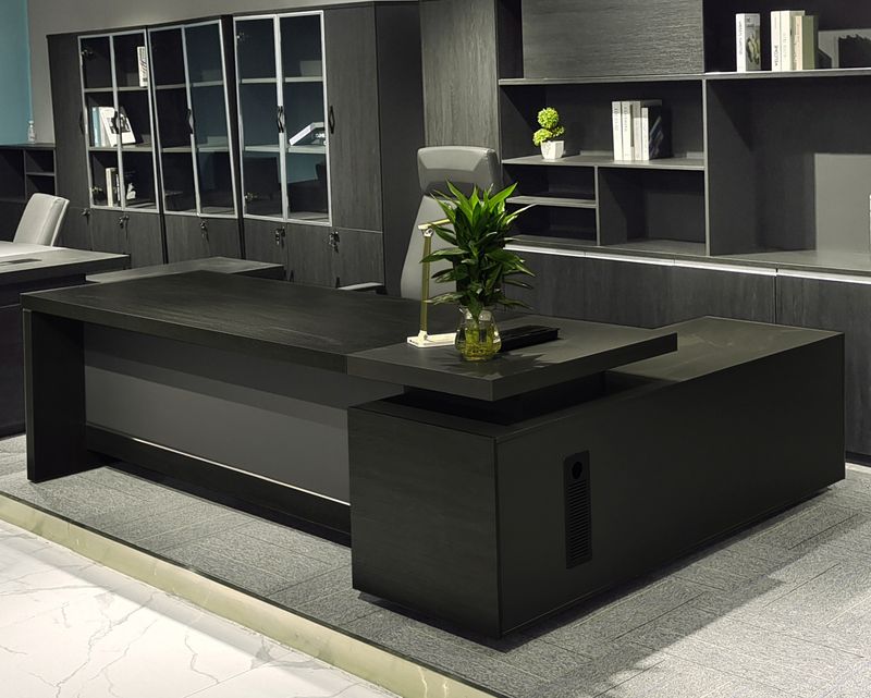 Ofix CEO Dax Desk  Executive Table with Reversible to Left / Right Side Cabinet (Black+Oak Grey)