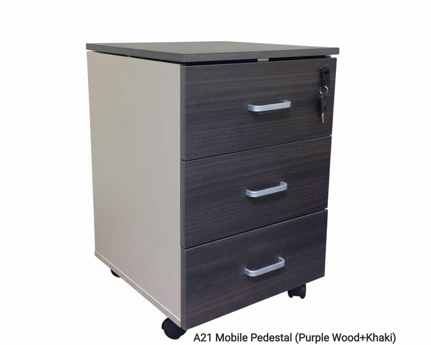 Ofix A21 Mobile Pedestal 3 Drawer (Purple Wood+Khaki), Model: A21 Mobile Pedestal (Purple Wood+Khaki)