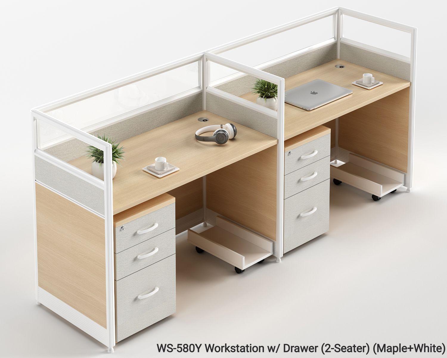 Ofix WS-580 2-Seater Workstation Partition Cubicle w/ Drawer (Maple), Model: WS-580Y Workstation w/ Drawer (2-Seater) (Maple+White)