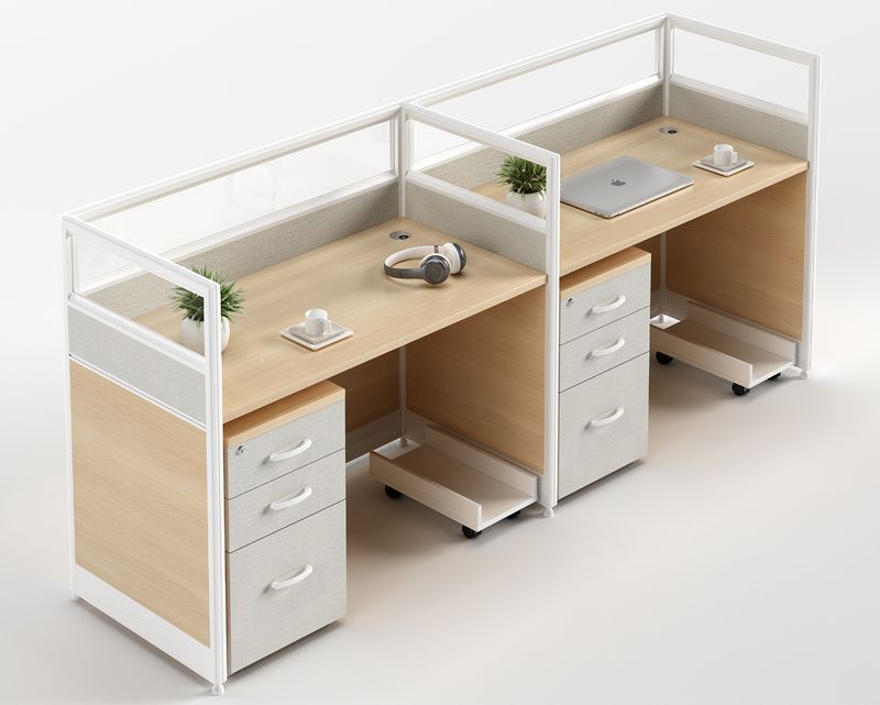 Ofix WS-580 2-Seater Workstation Partition Cubicle w/ Drawer (Maple)