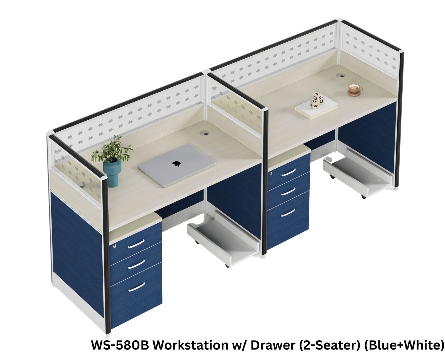 Ofix WS-580 2-Seater Workstation Partition Cubicle w/ Drawer (Blue), Model: WS-580B Workstation w/ Drawer (2-Seater) (Blue+White)