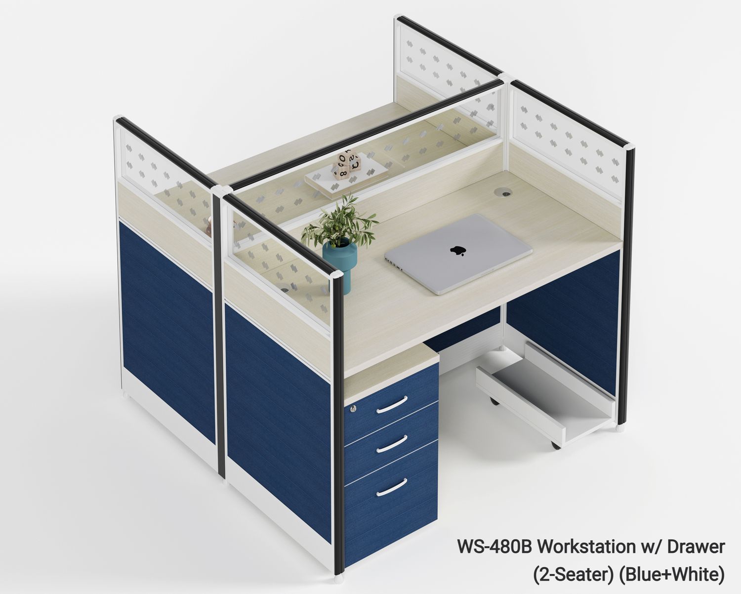 Ofix WS-480 2 Seater Workstation Partition Cubicle w/ Drawer (Blue, White, Maple), Model: WS-480B Workstation w/ Drawer (2-Seater) (Blue+White)