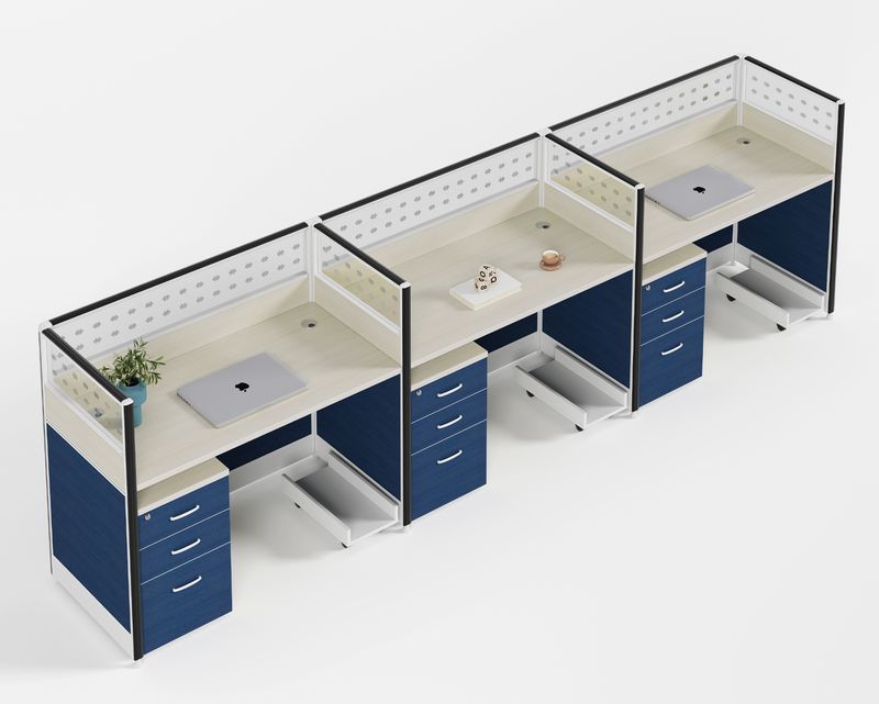 Ofix WS-680 3 Seater Workstation Partition Cubicle w/ Drawer (Blue)