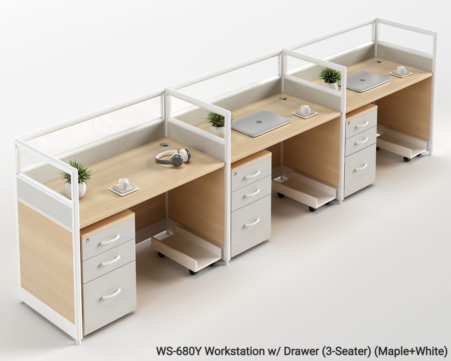 Ofix WS-680 3 Seater Workstation Partition Cubicle w/ Drawer (Maple), Model: WS-680Y Workstation w/ Drawer (3-Seater) (Maple+White) (SOLD OUT, PRE-ORDER FOR EARLY JULY)