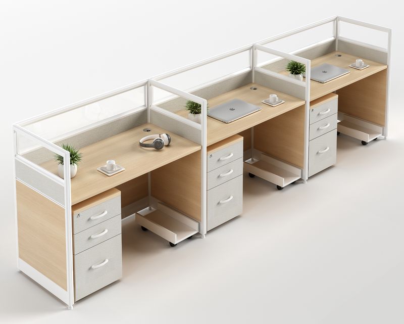 Ofix WS-680 3 Seater Workstation Partition Cubicle w/ Drawer (Maple)