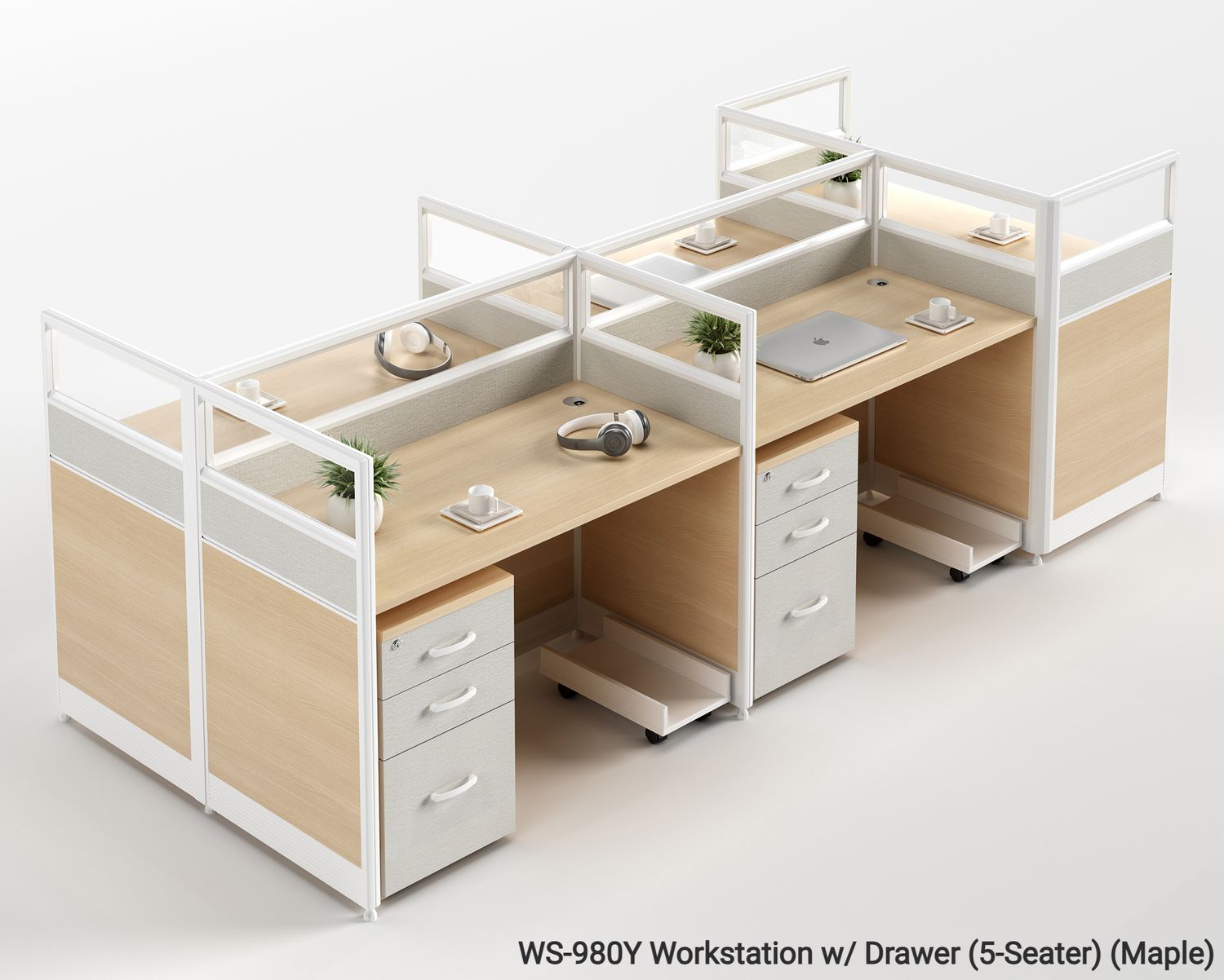 Ofix WS-980 5-Seater Workstation Partition Cubicle w/ Drawer (Maple), Model: WS-980Y Workstation w/ Drawer (5-Seater) (Maple)