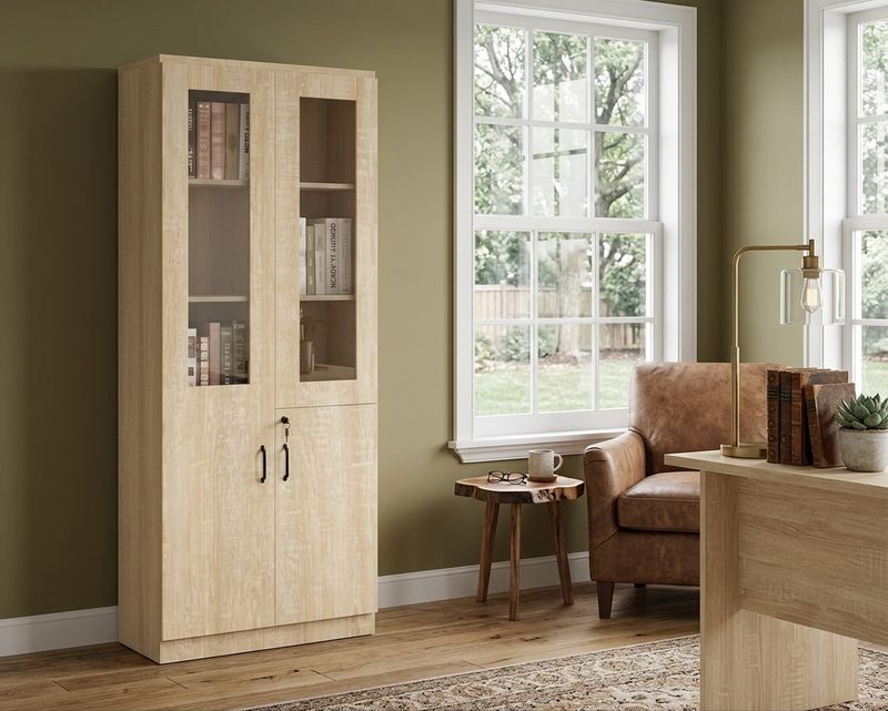 Ofix 5-Layer Glass Swing Door Filing Cabinet (Natural Wood)