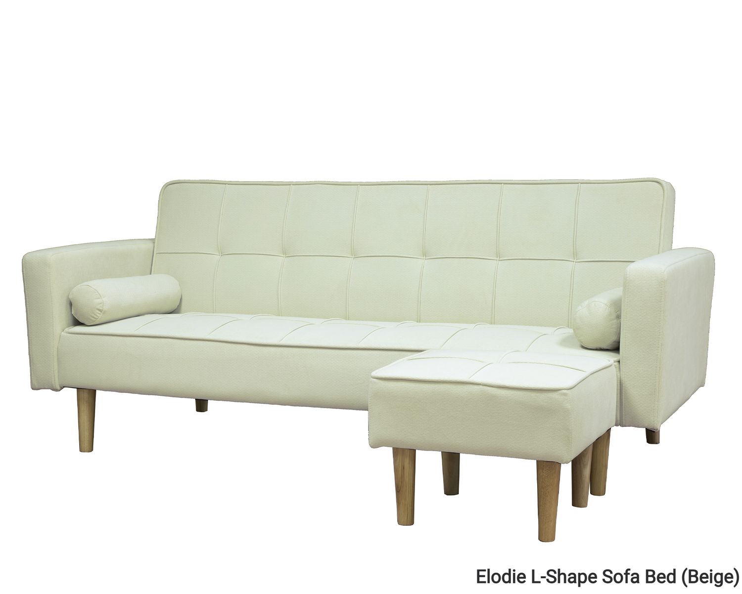 Flotti Elodie Polyester Fabric Reversible L-Shape Sofa Bed with Ottoman &amp; Two Pillow (Beige, Brown), Colors:: Elodie L-Shape Sofa Bed (Beige)