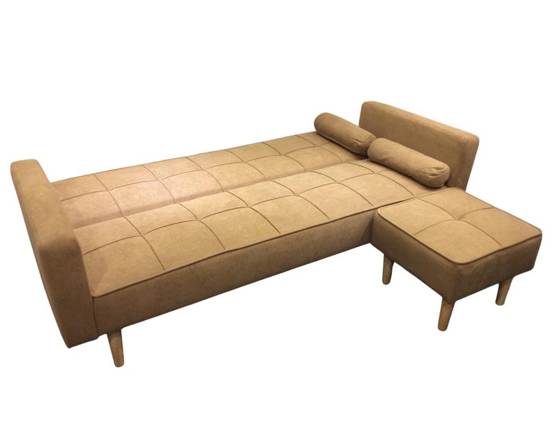 Flotti Elodie Polyester Fabric Reversible L-Shape Sofa Bed with Ottoman &amp; Two Pillow (Beige, Brown)