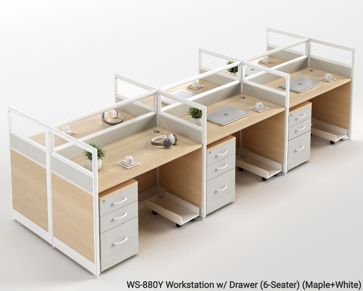 Ofix WS-880 6-Seater Workstation Partition Cubicle w/ Drawer (Maple), Model: WS-880Y Workstation w/ Drawer (6-Seater) (Maple+White) (SOLD OUT, PRE-ORDER FOR LATE FEBRUARY)