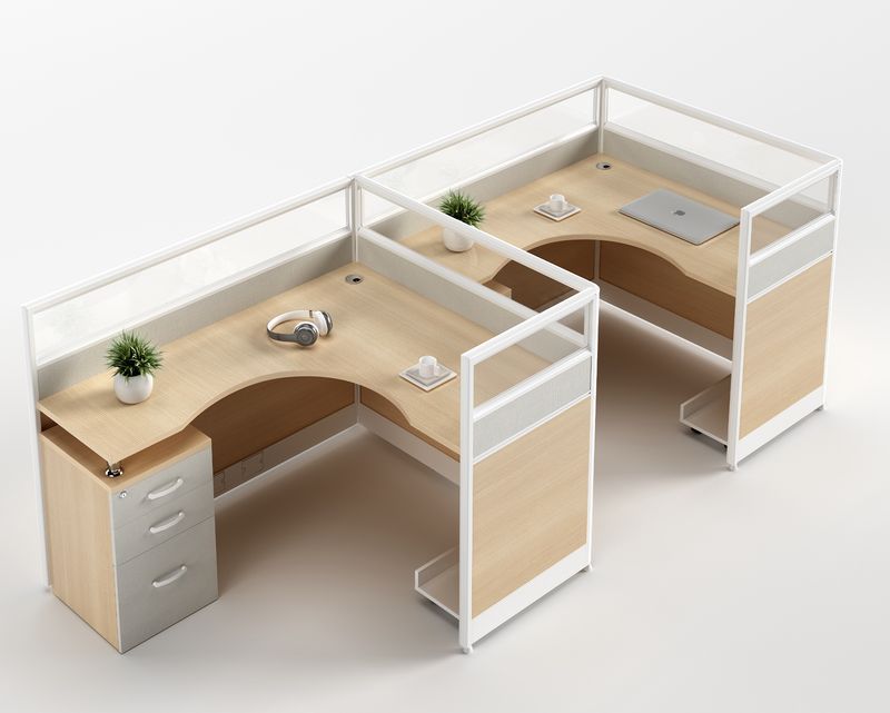 Ofix WS-222 2-Seater Workstation Partition L-Shape Cubicle w/ Drawer (Maple)