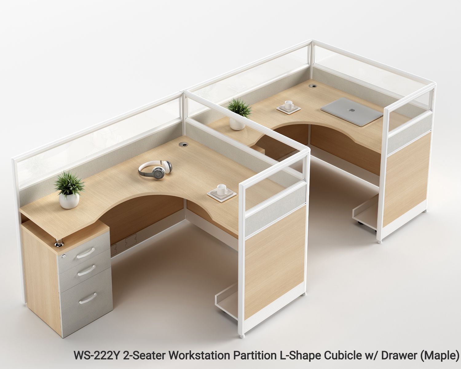 Ofix WS-222 2-Seater Workstation Partition L-Shape Cubicle w/ Drawer (Maple), Model: WS-222Y 2-Seater Workstation Partition L-Shape Cubicle w/ Drawer (Maple)