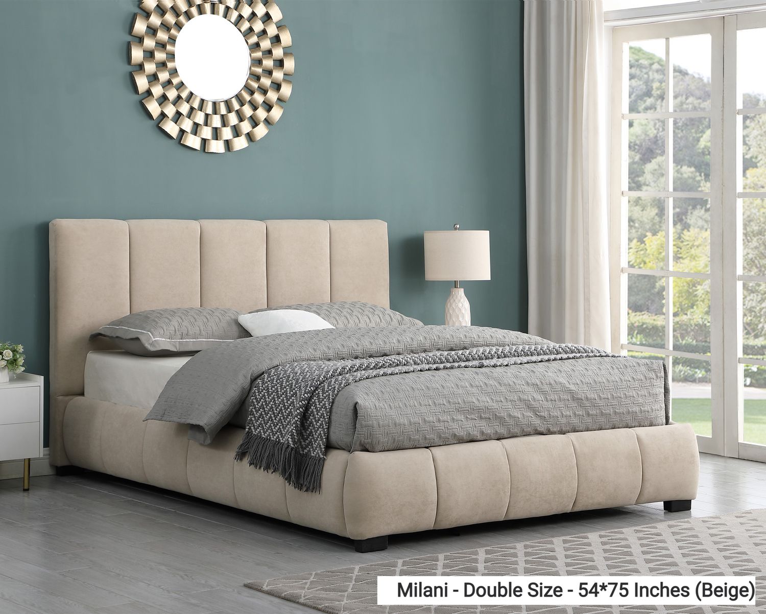 Flotti Milani Fabric Upholstered Bed Frame w/ Airlift Storage (Double) (Grey, Beige) (up to 10 inches Height Mattress) (Side Drawers Are Not Included), Bed Frame Size:: Milani - Double Size - 54*75 Inches (Beige)