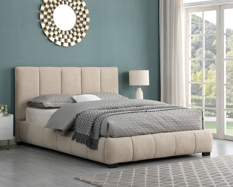 Flotti Milani Fabric Upholstered Bed Frame w/ Airlift Storage (Double, Queen) (Grey, Beige) (up to 10 inches Height Mattress) (Side Drawers Are Not Included)