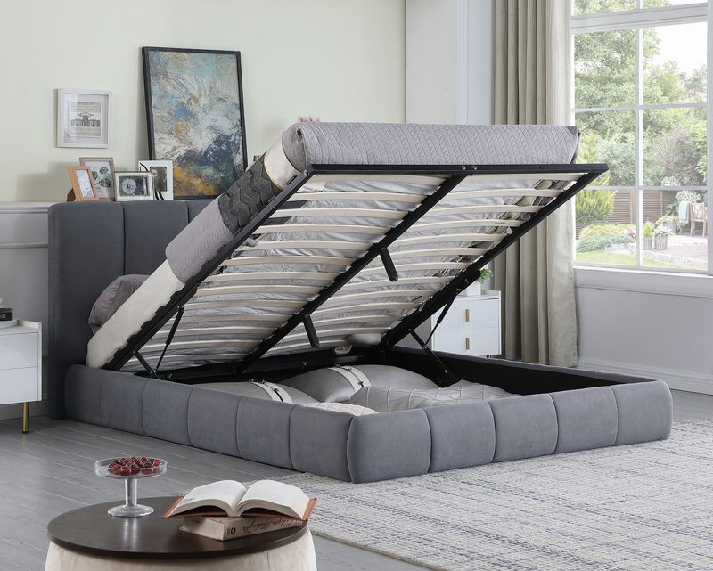 Flotti Milani Fabric Upholstered Bed Frame w/ Airlift Storage (Double, Queen) (Grey, Beige) (up to 10 inches Height Mattress) (Side Drawers Are Not Included)