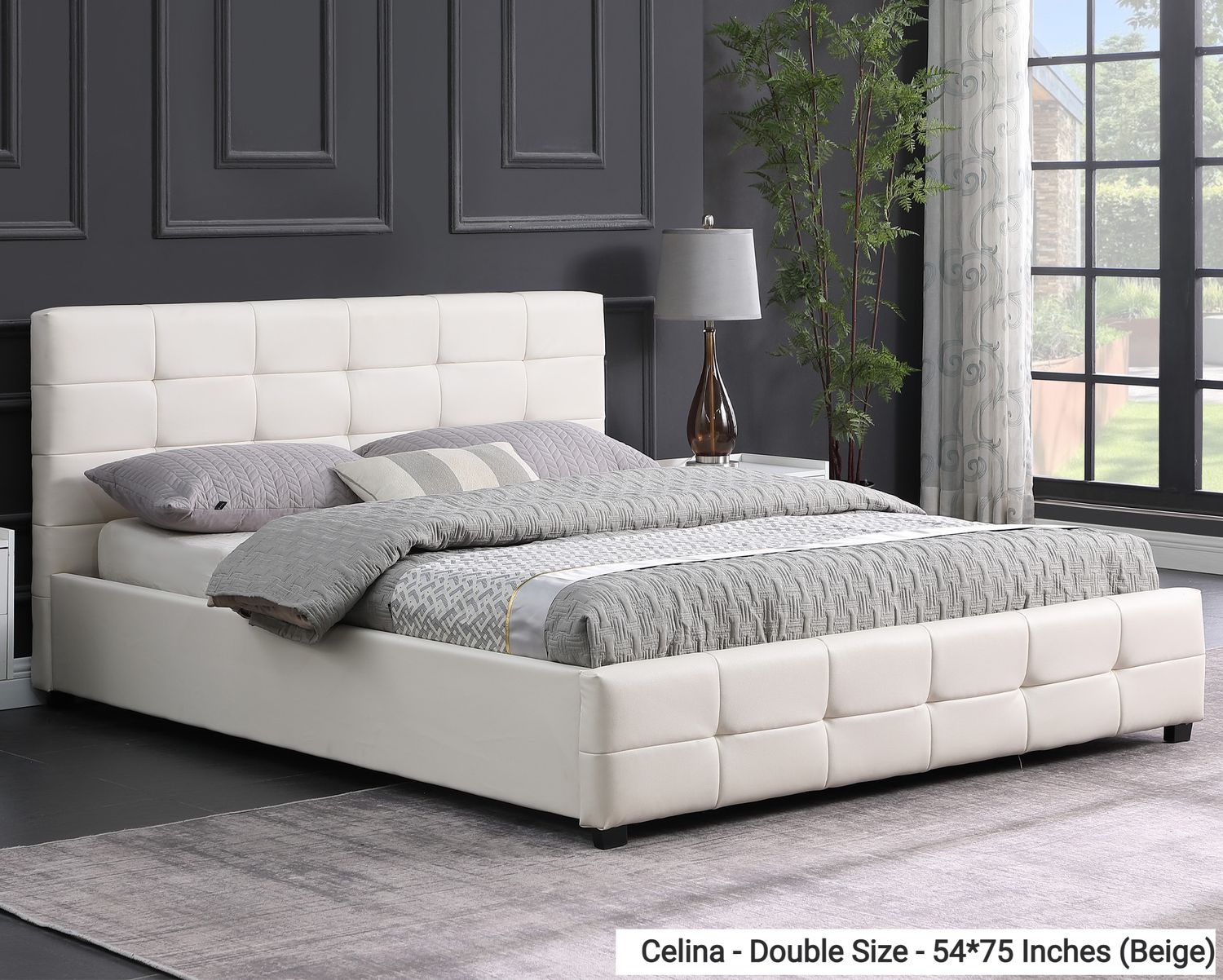 Flotti Celina PU Leather Upholstered Bed Frame (Double, Queen) (Grey, Beige)  (up to 10 inches Height Mattress) (Side Drawers Are Not Included), Bed Frame Size: Celina - Double Size - 54*75 Inches (Beige)