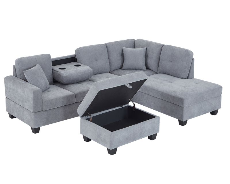 Flotti Hamilton Polyester Fabric Corner Sofa w/ Ottoman Storage, 2 Pillows &amp; 2 Cup Holder (Beige, Grey, Brown)