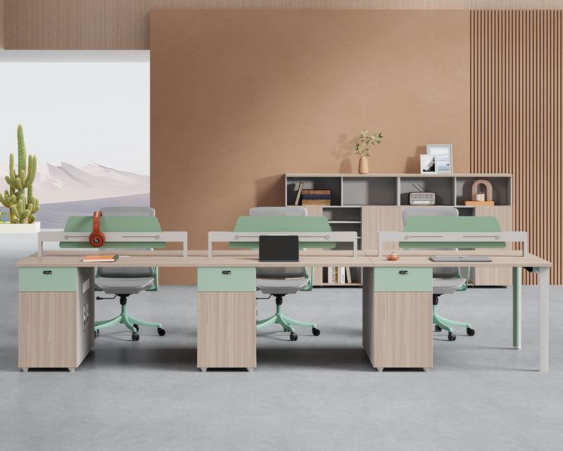 Ofix WS-778 6-Seater Workstation Partition Cubicle w/ Side Drawer (Morandi Grey+Woodgrain)