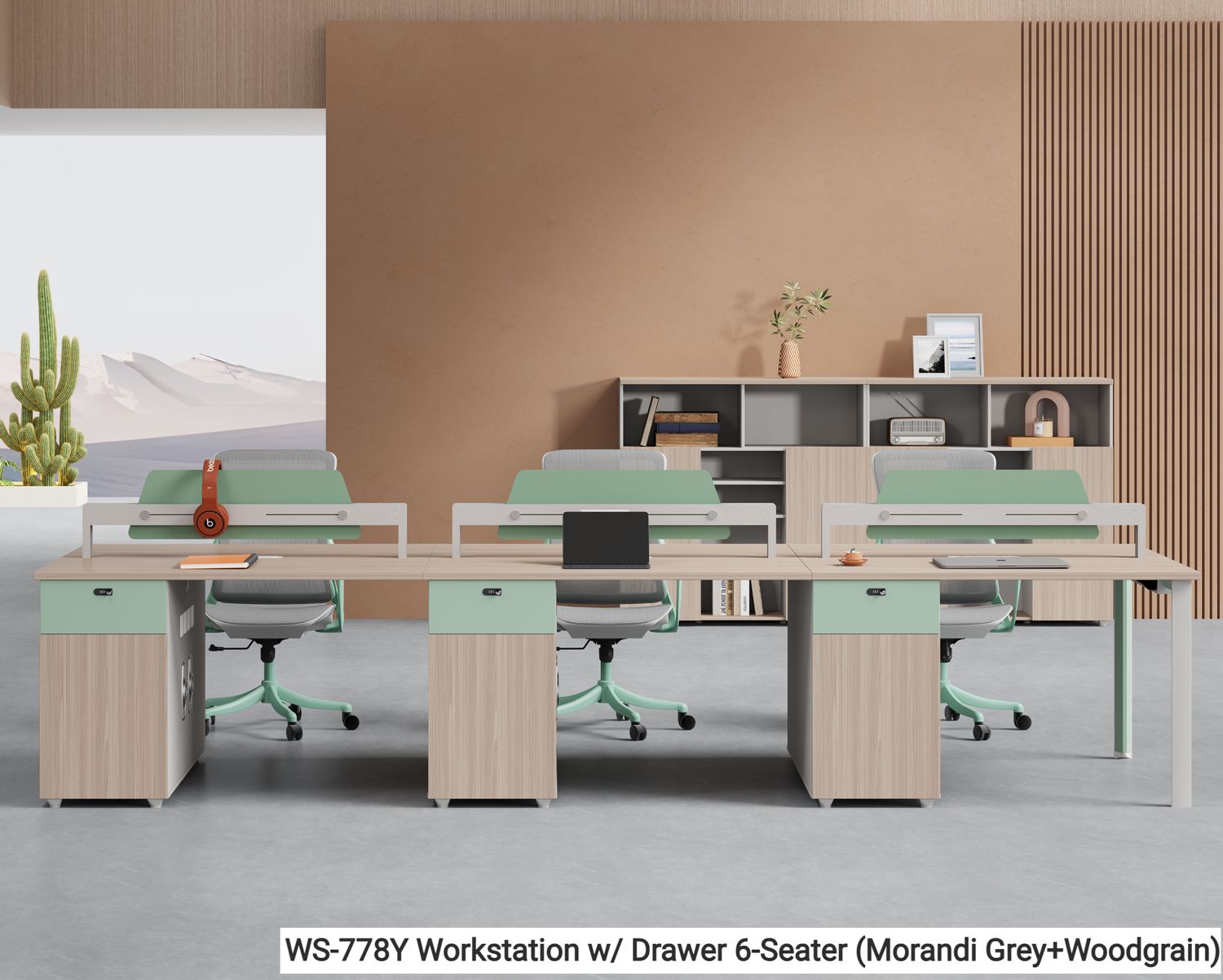 Ofix WS-778 6-Seater Workstation Partition Cubicle w/ Side Drawer (Morandi Grey+Woodgrain), Model: WS-778Y Workstation w/ Drawer 6-Seater (Morandi Grey+Woodgrain)