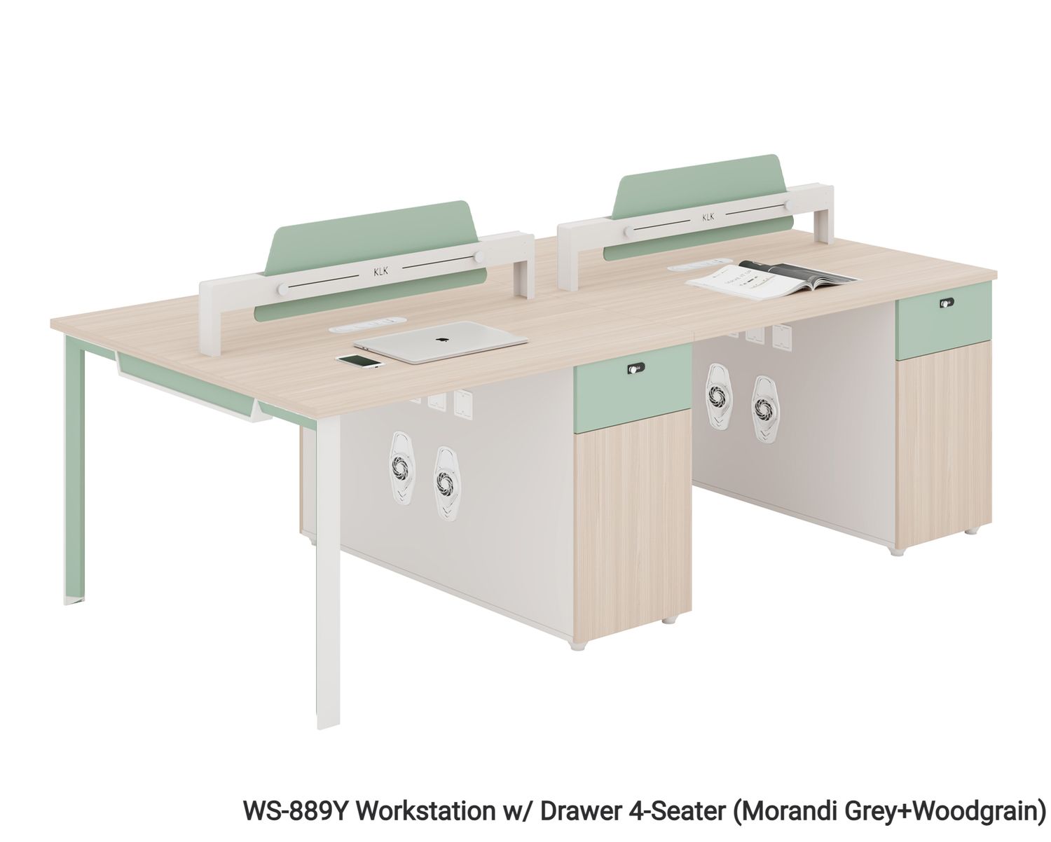 Ofix WS-889 4-Seater Workstation Partition Cubicle w/ Side Drawer (Morandi Grey+Woodgrain), Model: WS-889Y Workstation w/ Drawer 4-Seater (Morandi Grey+Woodgrain)