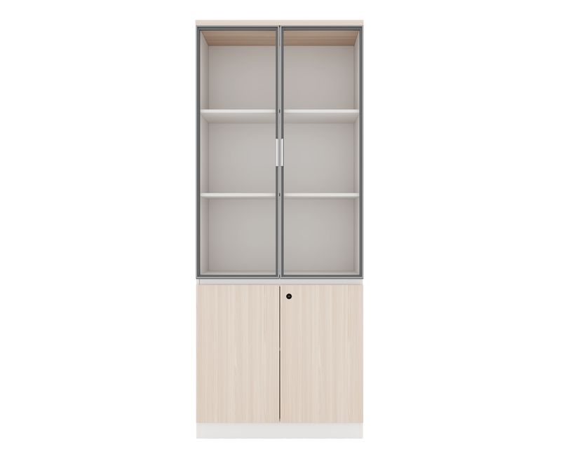 Ofix CB-W10 2-Glass Door 3-Layer Bookcase Cabinet + 2-Door Cabinet w/ Lock (Morandi Grey+Woodgrain)
