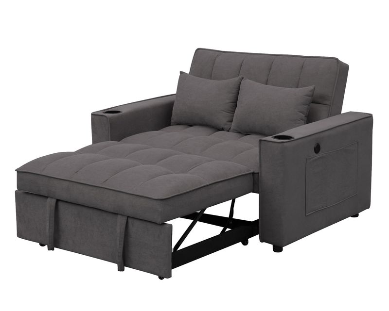 Flotti Avinna Convertible Sofa Pull-Out Bed With Cup Holder, 2 Pillows, Side Pocket &amp; USB Charging Port (Grey, Brown)