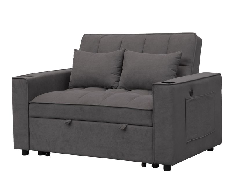 Flotti Avinna Convertible Sofa Pull-Out Bed With Cup Holder, 2 Pillows, Side Pocket &amp; USB Charging Port (Brown)
