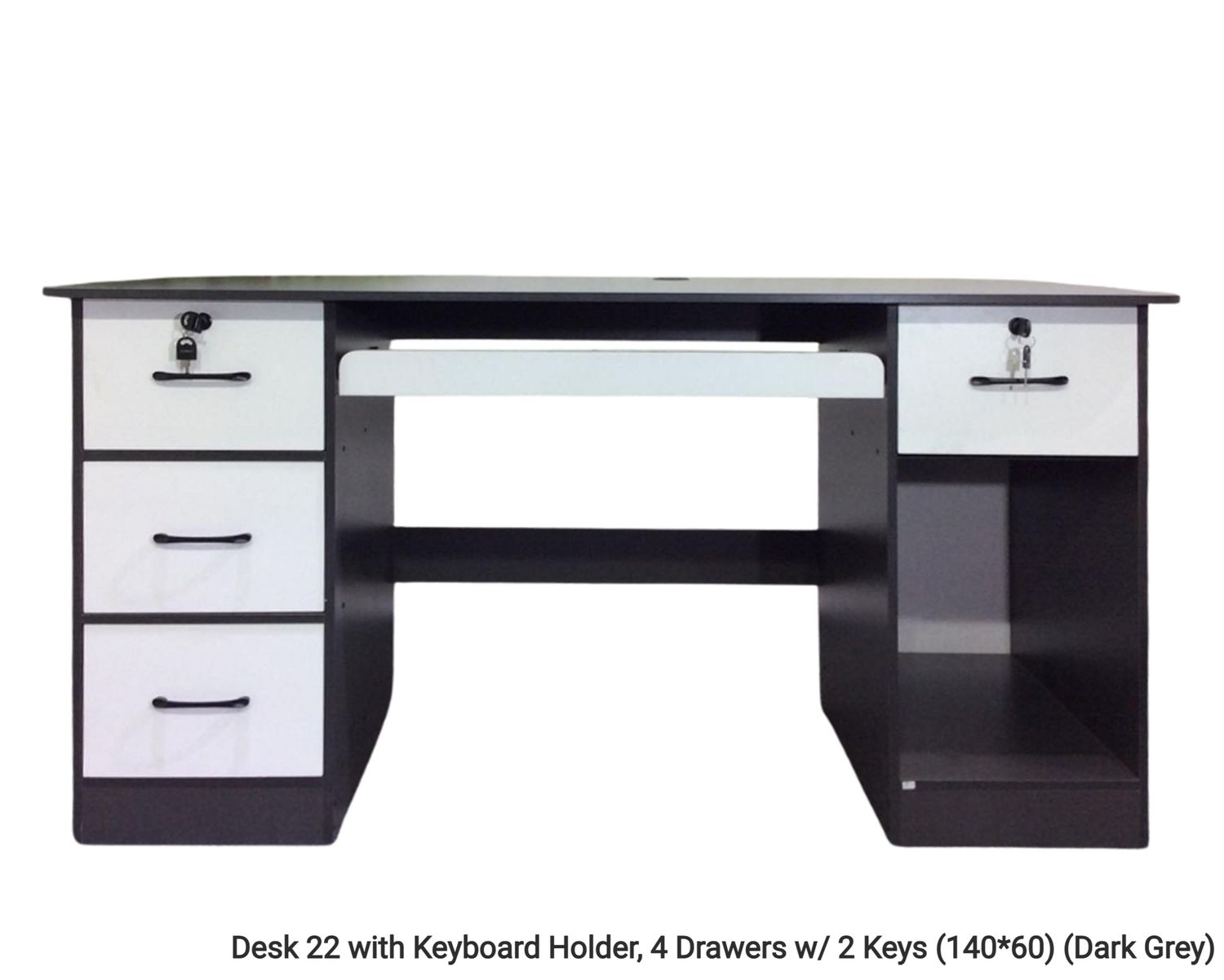 Ofix Desk 22 with Keyboard Holder, 4 Drawers w/ 2 Keys (Dark Grey), Model:: Desk 22 with Keyboard Holder, 4 Drawers w/ 2 Keys (140*60) (Dark Grey)