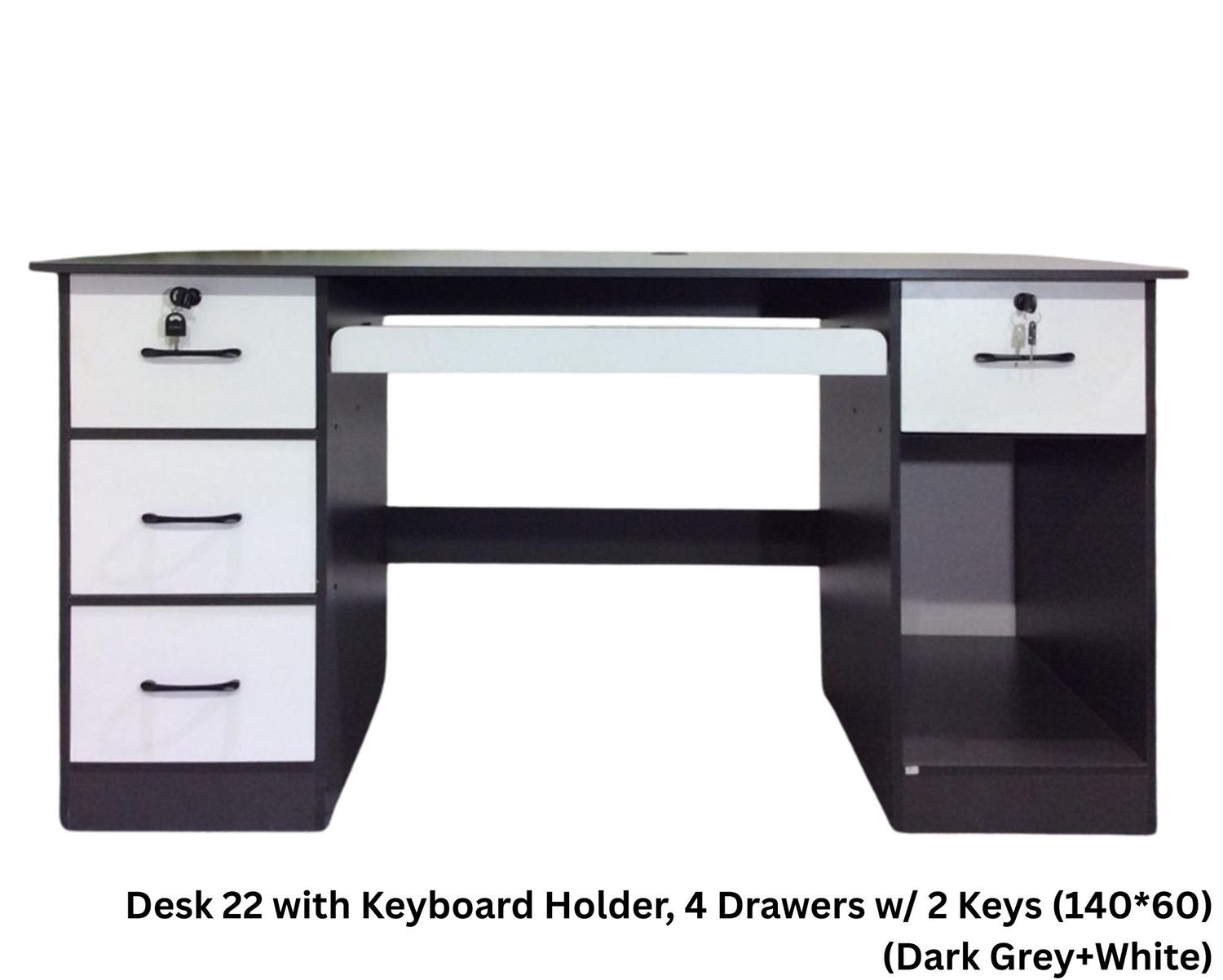 Ofix Desk 22 with Keyboard Holder, 4 Drawers w/ 2 Keys (Dark Grey, Natural Wood), Model:: Desk 22 with Keyboard Holder, 4 Drawers w/ 2 Keys (140*60) (Dark Grey+White)