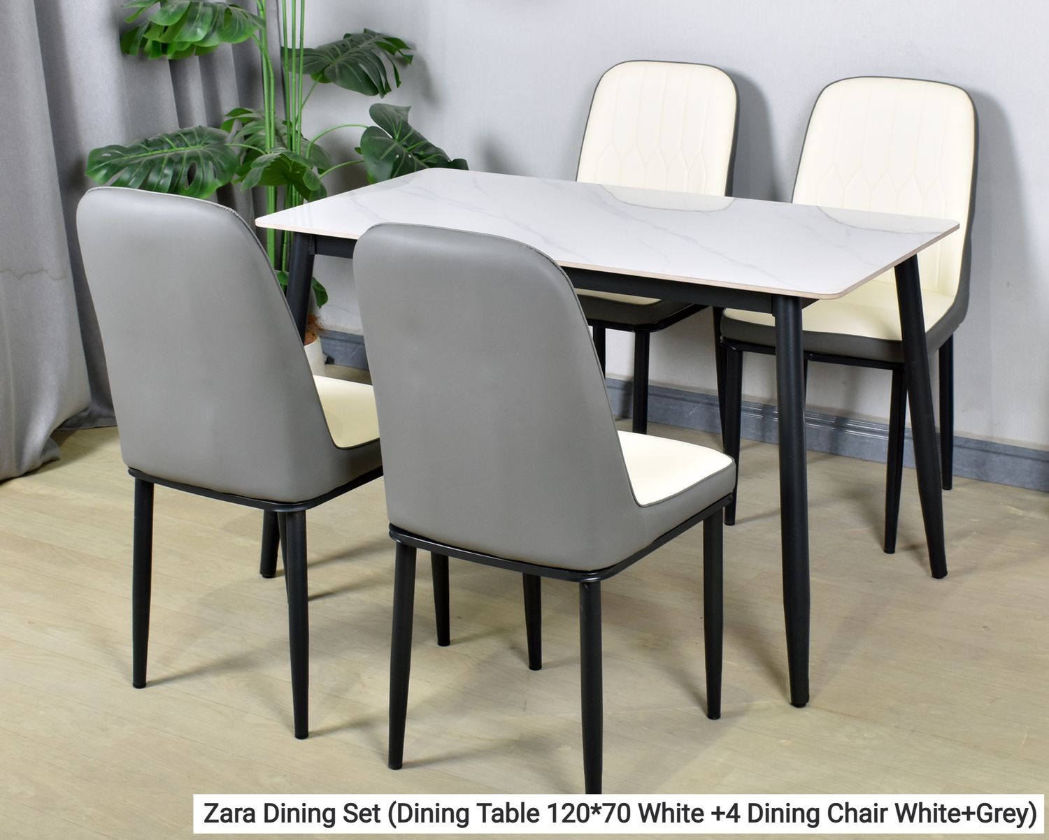 Ofix Zara Dining Set (Dining Table 120*70 +4 Dining Chair) (White+Grey), Option: Zara Dining Set (Dining Table 120*70 White +4 Dining Chair White+Grey)