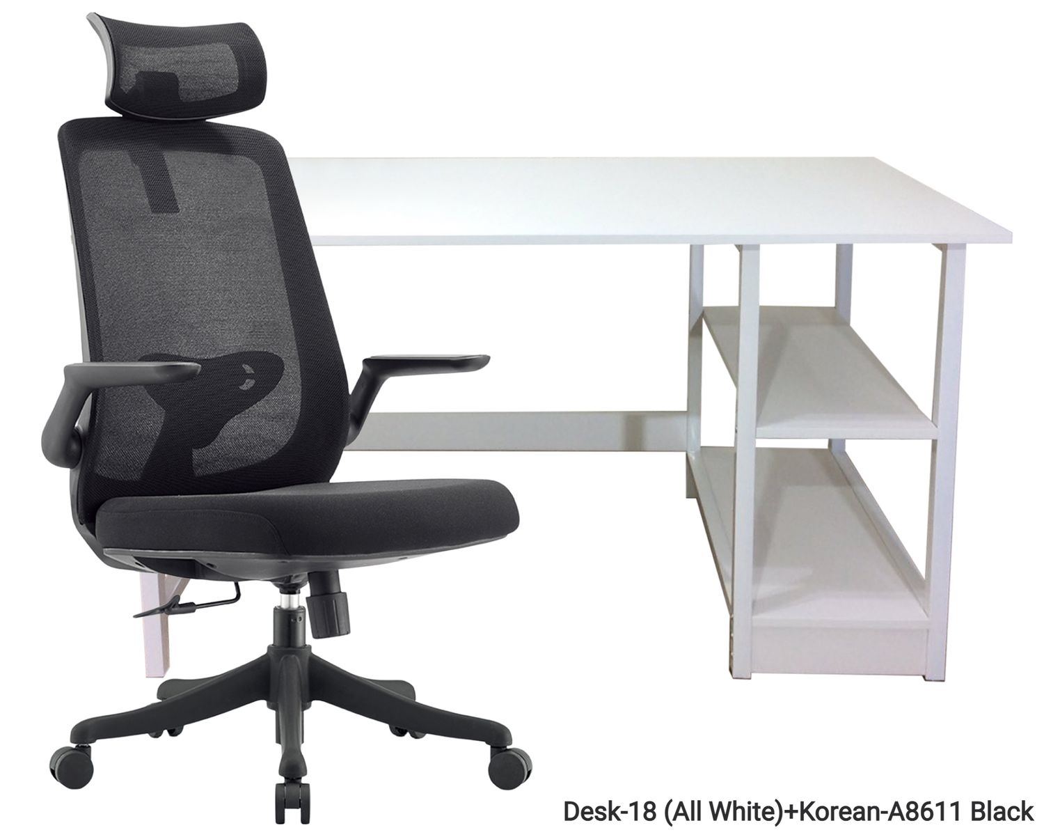 Ofix Desk 18 Table &amp; Chair Set (120x60) (White), Desk Model: Desk-18 (All White)+Korean-A8611 Black