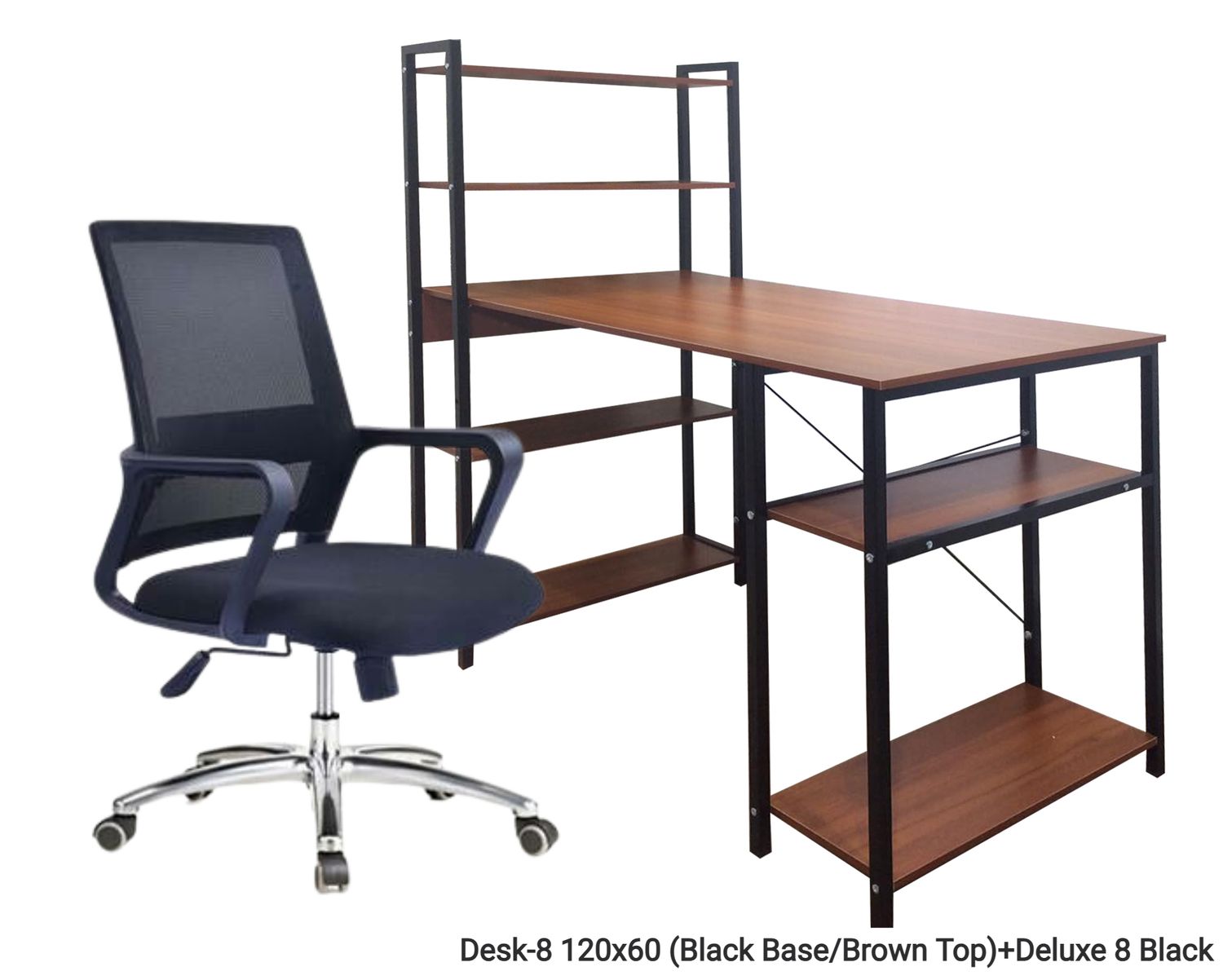 Ofix Desk 8 Table &amp; Chair Set (120x60) (Brown), Desk Model: Desk-8 120x60 (Black Base/Brown Top)+Deluxe 8 Black