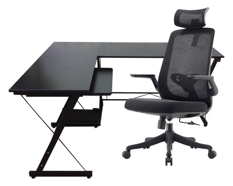 Ofix Desk 15 L-Shape Table &amp; Chair Set (120x60) (Wooden Top, Black)