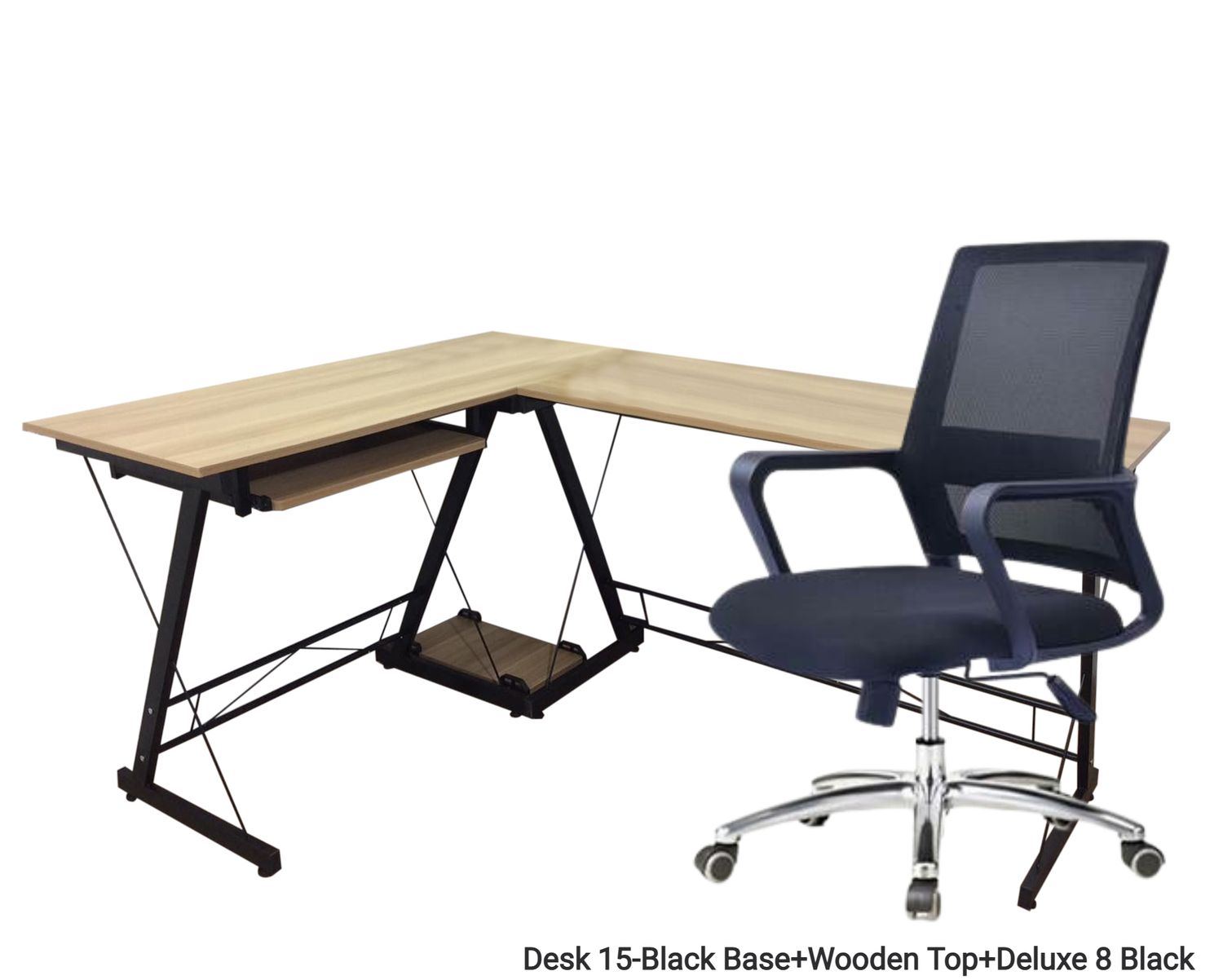 Ofix Desk 15 L-Shape Table &amp; Chair Set (120x60) (Wooden Top, Black), Desk Model: Desk 15-Black Base+Wooden Top+Deluxe 8 Black
