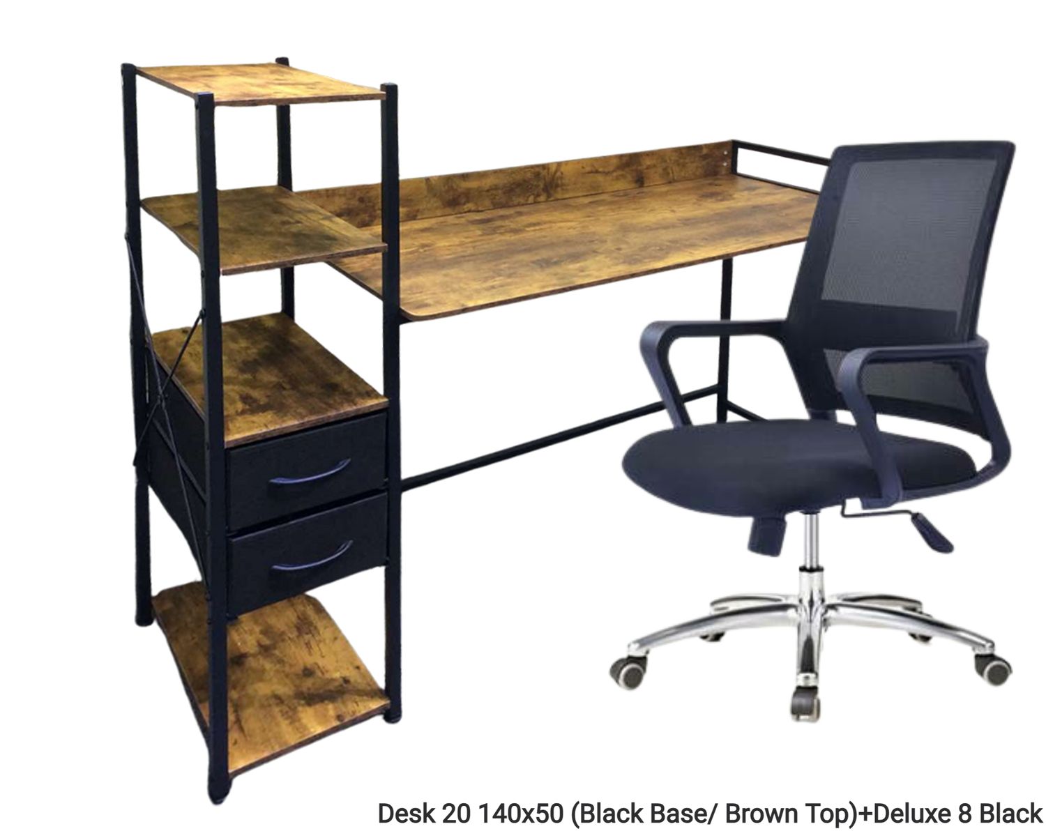 Ofix  Desk 20 Table &amp; Chair Set (140x50)  (Brown), Desk Model: Desk 20 140x50 (Black Base/ Brown Top)+Deluxe 8 Black